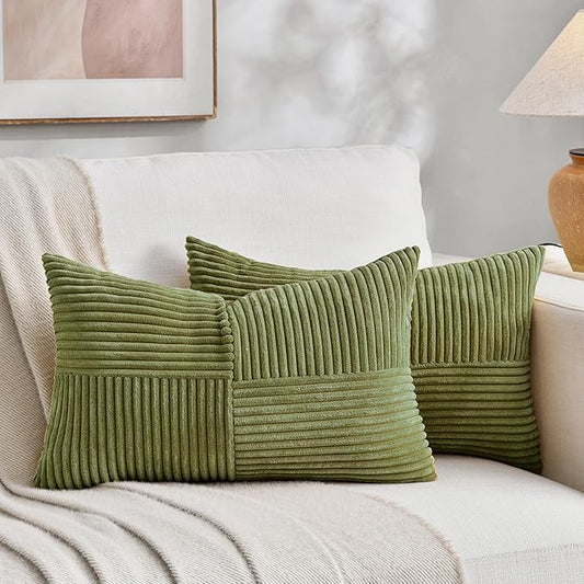 Fancy Homi 2 Packs Moss Green Lumbar Decorative Throw Pillow Covers 20x28 Inch for Living Room Couch Bed, Rustic Farmhouse Boho Home Decor, Soft Striped Corduroy Rectangle Accent Cushion Case 50x70 cm