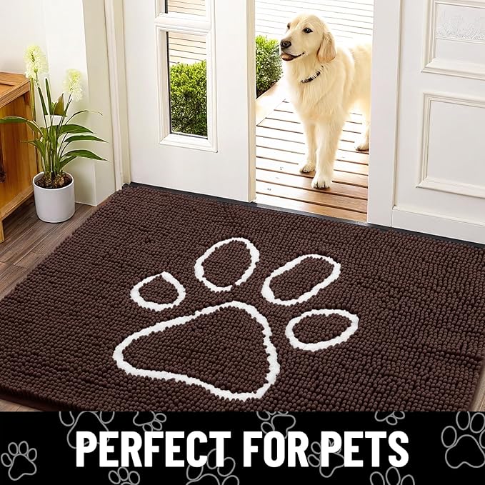 Smiry Dog Door Mat for Muddy Paws, Absorbent Dirt Trapper Non Slip Quick Dry Washable Chenille Mat for Mud Dogs, Entry Rug for Indoor and Outdoor (36x24 Inches, Brown and White)