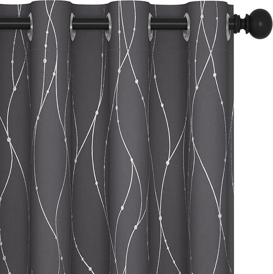 Deconovo Short Curtains Grey, Blackout Kitchen Curtain, Thermal Insulated Soundproof Drapes, Wave Dots Foil Print, 52 x 45 Inches, 2 Panels, Machine‑Washable Privacy Window Panel for Nursery Office