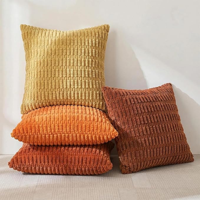 Fancy Homi Set of 4 Burnt Orange Fall Boho Decorative Throw Pillow Covers 26x26 Inch for Couch Bed Sofa, Aesthetic Modern Bohemian Room Decor, Fuzzy Fluffy Cozy Corduroy Textured Cushion Case 66x66cm