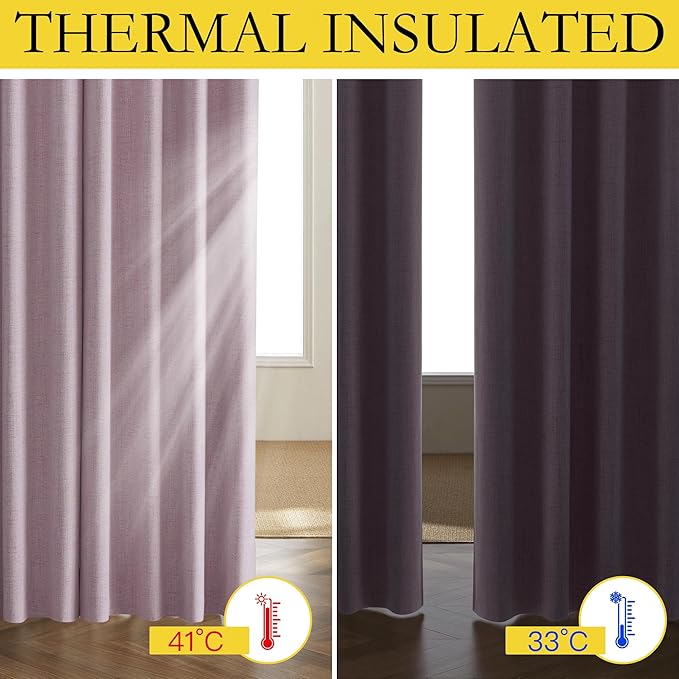 NICETOWN Pink Vintage Linen 100% Blackout Curtains for Living Room, Thermal Insulated Curtains 102" Long, Noise Reducing Window Treatment Drapes for Hall Room, 52" Wide Per Panel, Set of 2
