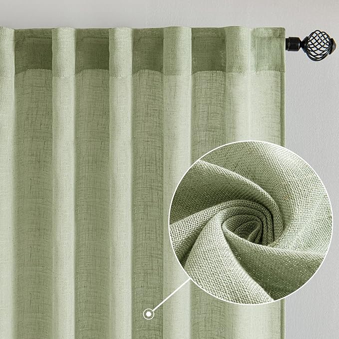 MIULEE Sage Green Linen Curtains 72 Inch Length for Bedroom Living Room, Soft Thick Linen Textured Window Drapes Semi Sheer Light Filtering Back Tab Rod Pocket Burlap Look Farmhouse Decor, 2 Panels
