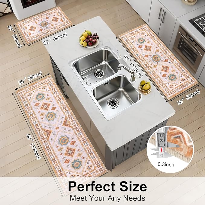 Boho Kitchen Rug Sets 3 Piece with Runner Non Slip Kitchen Rugs