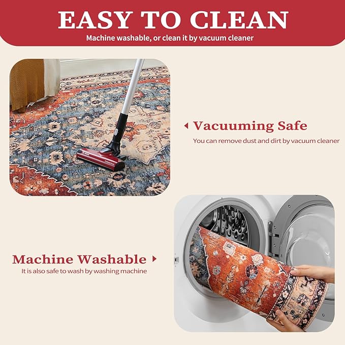 SERISSA 7x9 Area Rugs for Living Room, Large Washable Non-Slip Boho Rug, Ultra Soft Vintage Oriental Tribal Print Distressed Carpet for Dining Room Bedroom Dorm Office Home Decor