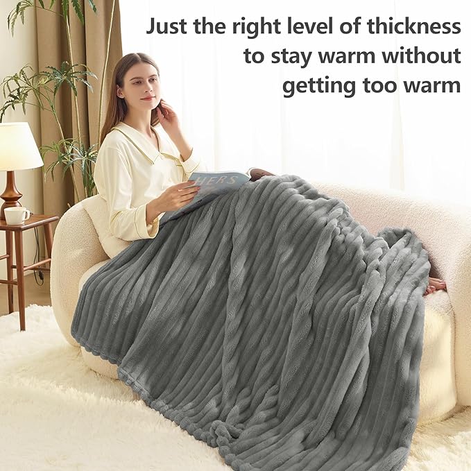 HIMEET Grey Ribbed Twin Blanket for Bed - 300GSM Lightweight Soft Fleece Blanket for Men Women, Cozy Blankets Graduation Birthday Gifts, Striped Spring Home School Dorm Decor, Grey, 60x80 Inches