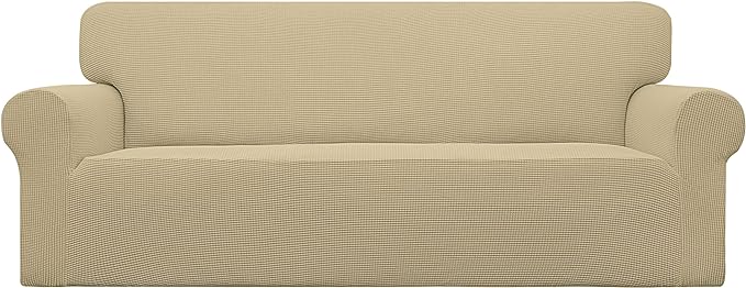 Easy-Going Stretch Oversized Sofa Slipcover 1-Piece Sofa Cover Furniture Protector Couch Soft with Elastic Bottom for Kids, Polyester Spandex Jacquard Fabric Small Checks Beige