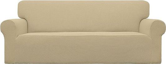 Easy-Going Stretch Oversized Sofa Slipcover 1-Piece Sofa Cover Furniture Protector Couch Soft with Elastic Bottom for Kids, Polyester Spandex Jacquard Fabric Small Checks Beige