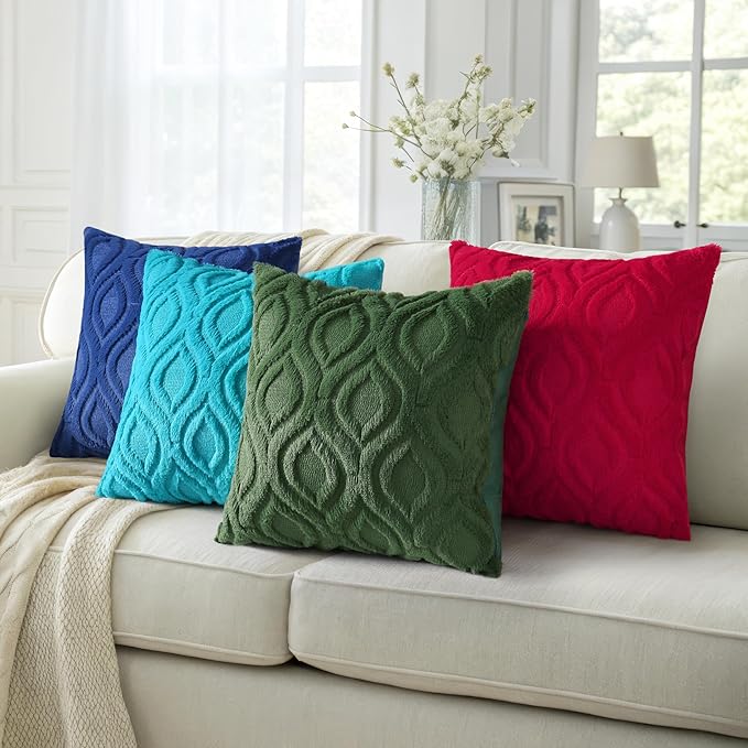 decorUhome Summer Throw Pillow Covers 18x18 Inch Set of 2, Soft Plush Faux Wool Teal Solid Couch Pillow Covers, Accent Farmhouse Neutral Square Pillow Cases for Sofa Bed Living Room
