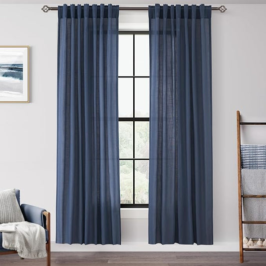 Navy Blue Curtains 80 inch Length for Bedroom Back Tab Light Filtering Semi Sheer Blue Living Room Curtains Linen Cotton Textured Indigo Blue Drapery Panel Modern Farmhouse Aesthetic Decor Dark Blue