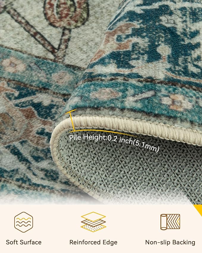 RELEANY Area Rugs 8ft Washable Non-Slip, Floral Vintage Distress Print Pattern Medallion Carpet for Living Room Bedroom Dining Room, Dark Blue Vintage