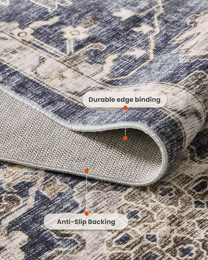 AMADA HOMEFURNISHING 9x12 Washable Area Rug, Low-Profile Large Area Rug with Non-Slip Backing & Durable Edge Binding, Vintage Large Rugs for Living Room, Bedroom & Dining Room