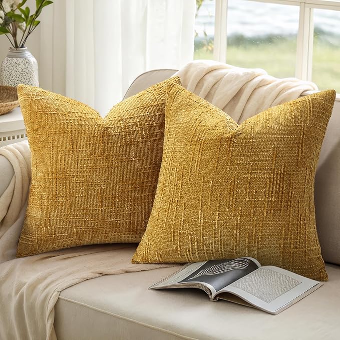 decorUhome Summer Mustard Yellow Chenille Throw Pillow Covers 16x16 Set of 2 Textured Soft Cozy Slubby Couch Pillow Covers Modern Farmhouse Boho Decorative Pillow Cases for Bed Sofa Living Room
