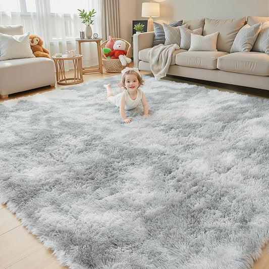 8x10 Area Rugs for Living Room Bedroom, Large Area Rug Shag Shaggy Carpet Soft Plush Furry Bedside Rug, Rugs for Home Decor (Light Grey Tie-Dyed, 8x10 Feet)