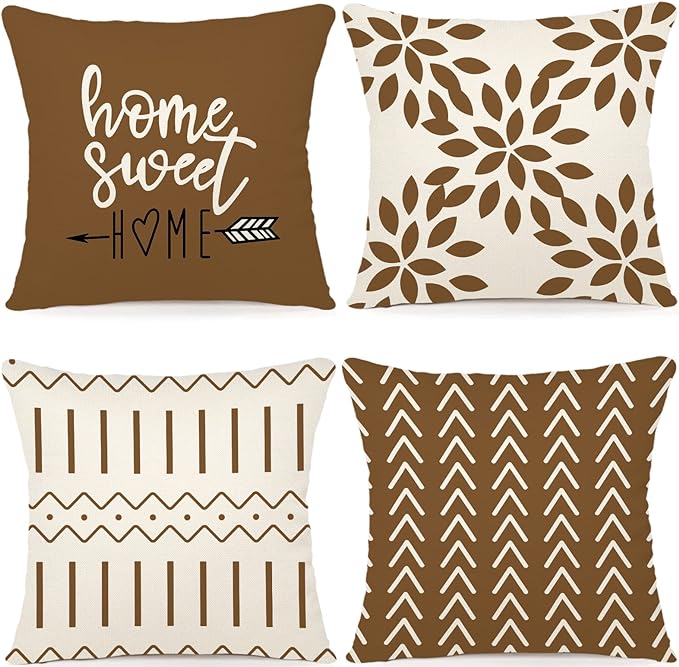 YCOLL Pillow Covers 20x20 Set of 4, Modern Sofa Throw Pillow Cover, Decorative Outdoor Linen Fabric Pillow Case for Couch Bed Car， Light Brown