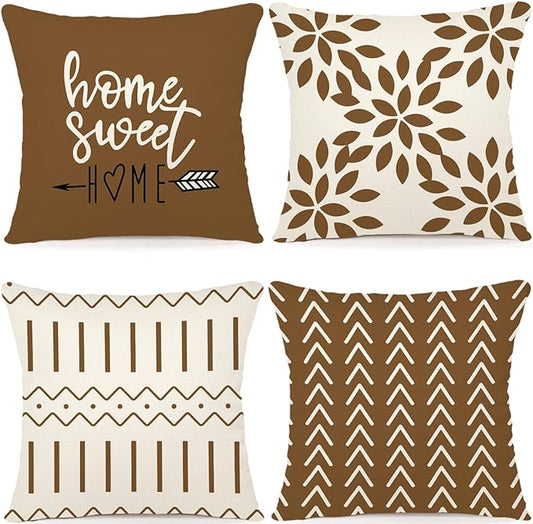 YCOLL Pillow Covers 20x20 Set of 4, Modern Sofa Throw Pillow Cover, Decorative Outdoor Linen Fabric Pillow Case for Couch Bed Car， Light Brown