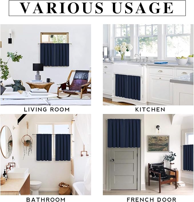 RYB HOME Short Blackout Curtains for Bedroom, Room Darkening Insulated Summer Heat Light UV Blocking Energy Saving Drapes for Nursery, Width 42 by Length 48, Navy Blue, Set of 2