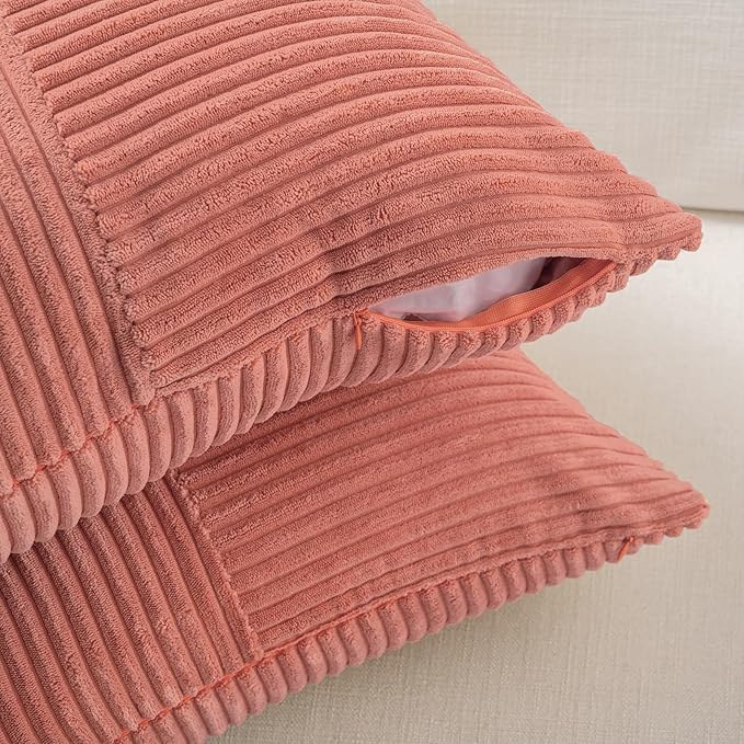 Fancy Homi 2 Packs Coral Lumbar Decorative Throw Pillow Covers 16x28 Inch for Living Room Couch, Rustic Farmhouse Boho Home Decor, Soft Striped Corduroy Rectangle Accent Peach Cushion Case 40x70 cm