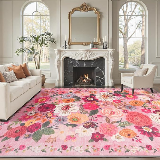 Pink Area Rugs 9x12 Living Room Washable Rug Non Slip Floral Low Pile Large Rug for Living Room, Bedroom, Farmhouse, Dining Room, Kids Playroom(9 x 12, Pink Garden)