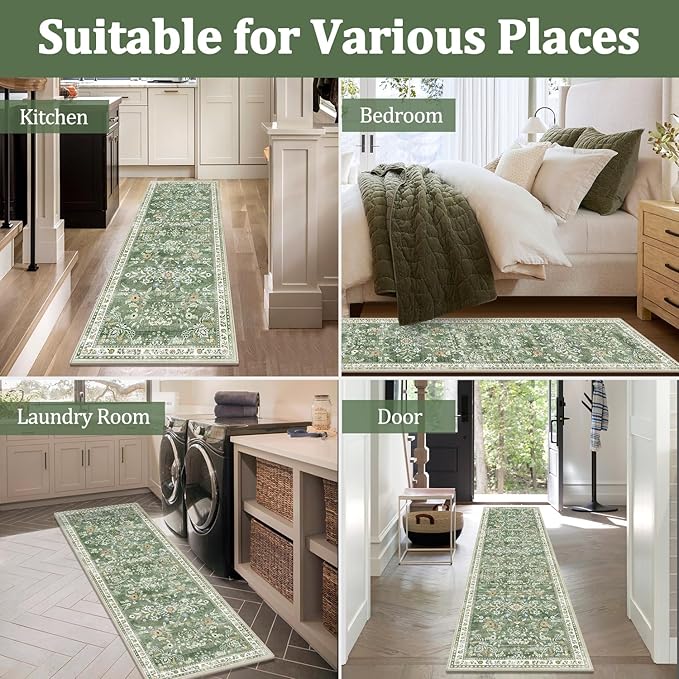 Yamaziot Washable Runner Rug 2x7 – Non Slip Boho Floral Hallway Runner Rug with Rubber Backing, Low Pile Wool Distressed Carpet for Kitchen, Laundry, Bedroom, Entrance, Mottled Green