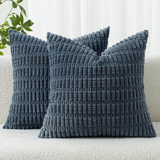 MIULEE Pack of 2 Corduroy Decorative Throw Pillow Covers 16x16 Inch Soft Boho Striped Pillow Covers Modern Farmhouse Home Decor for Summer Coastal Sofa Living Room Couch Bed Blue