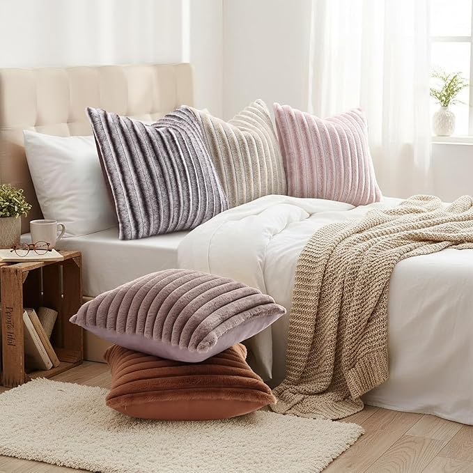 decorUhome Summer Cozy Faux Fur Throw Pillow Covers 26x26 Set of 2 Decorative Plush Striped Modern Farmhouse Boho Couch Euro Sham Pillow Cases with Velvet Back for Sofa Bed Living Room, Beige White
