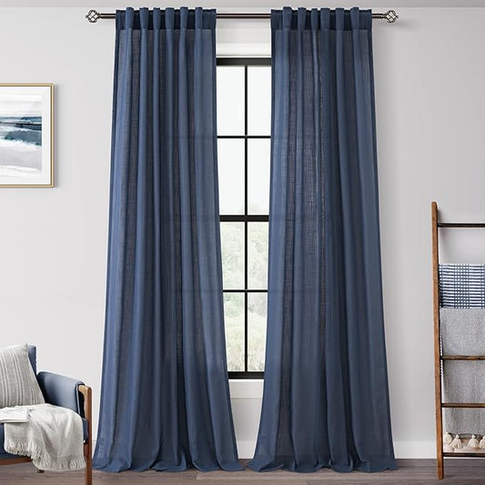 Navy Blue Curtains 120 inch Length for Bedroom Back Tab Light Filtering Semi Sheer Blue Living Room Curtains Linen Cotton Textured Indigo Blue Drapery Panel Modern Aesthetic Decor 42" Wx120" L