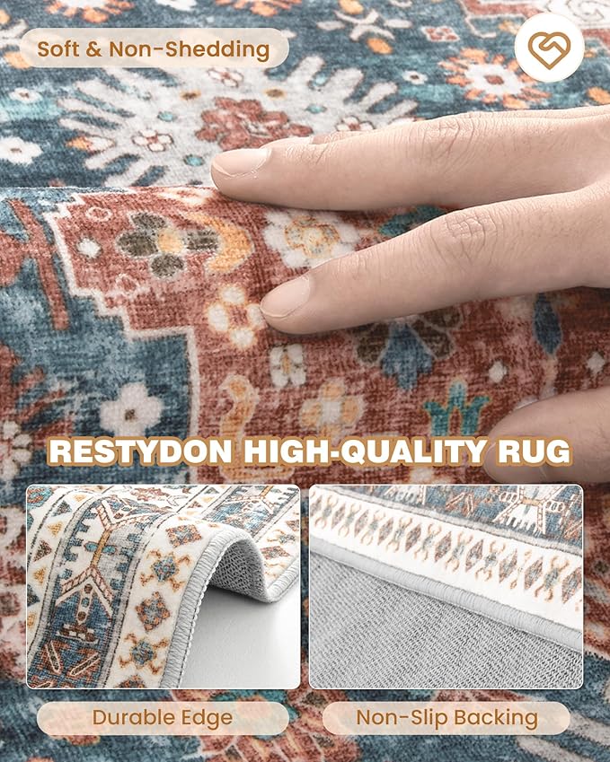 Runner Rug 2x8 Runners for Hallways Non Slip Washable, Vintage Hallway Runner Rugs for Living Room, Low Pile Soft Hallway Rug for Kitchen Bedroom Laundry Room Rug(Blue/Red,2'x8')