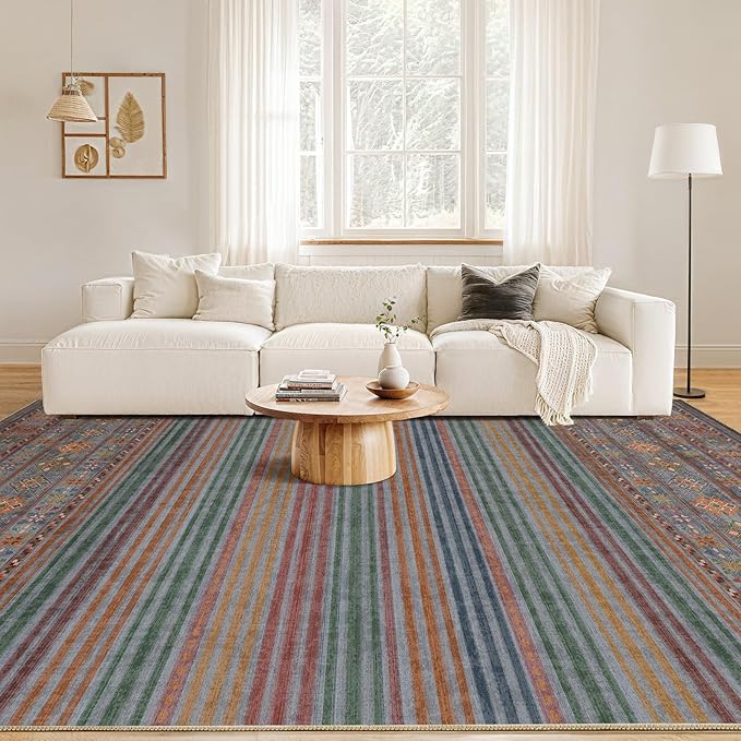 Nakagishi 6X9 Area Rugs Living Room: Washable Large Vintage Rug Neutral Non-Slip Soft Stain Resistant Indoor Carpet for Bedroom Nursery Dining Room Office Playroom - Multi Color