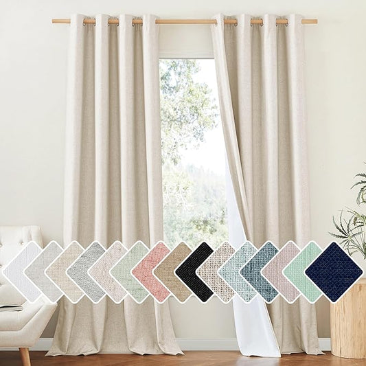 NICETOWN 100% Absolutely Blackout Linen Curtains with Thermal Insulated White Liner, 52" W, 2 PCs, Beige, 102" Long Drapes Sweep The Floor Decorative Keep Privacy Panels for Living Room/Villa/Bedroom