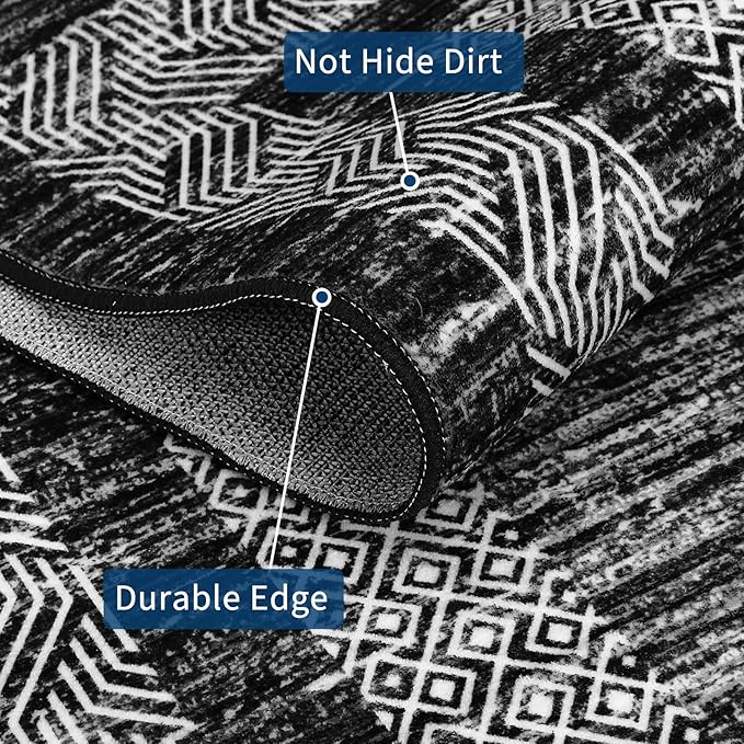 GarveeHome Washable Runner Rug 2x6 Modern Hallway Rug Non Slip Entryway Runner, Geometric Bordered Printed Carpets, Low Pile Thin Foldable Floor Mats, Soft Non Shedding for Kitchen Laundry, Black