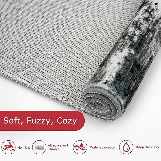 KOZYFLY Modern Abstract Hallway Runner Rug, 2x8 Kitchen Rugs Non-Slip Washable Soft Striped Runner Rugs, Print Black Grey Carpet Runner for Entryway Bathroom Laundry Room Foyer
