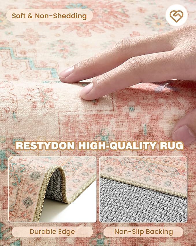 Entryway Rug - 2x3 Washable Rug Runner for Bathroom, Laundry Room, Kitchen, Soft Vintage Hallway Runner for Bedroom, Non-Slip Door Mat Indoor Entrance(Pink,2'x3')