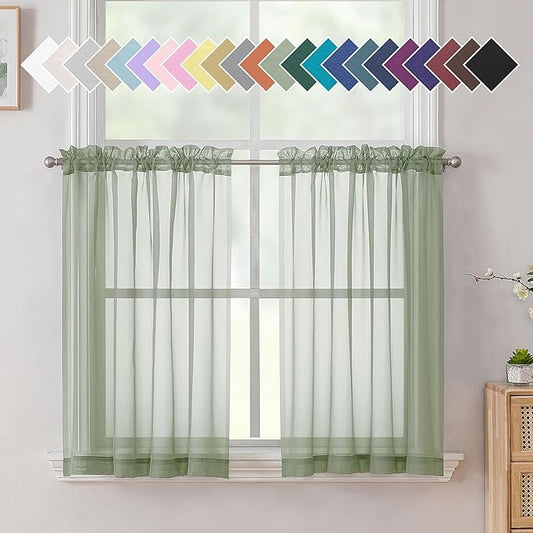 Aiyufeng Sage Green Sheer Curtains 36 inches Long 2 Panels, Green Tiers Short Kitchen Curtains Sheers Solid Half Window Drapes for Bedroom, Rod Pocket, 40" Wx36 L