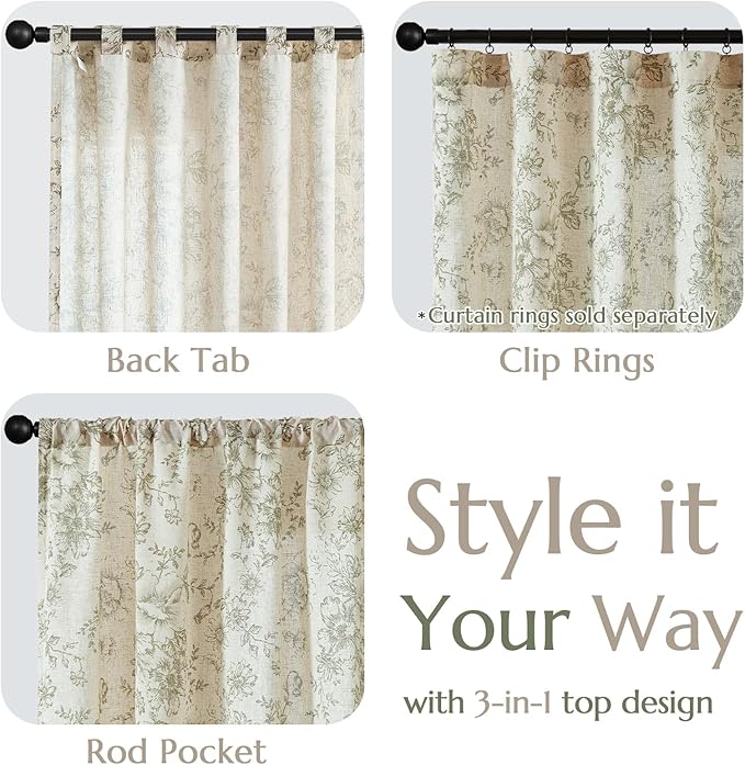 jinchan Linen Blend Floral Curtains for Living Room 84 Inch Length Sage Green Printed Curtain Rod Pocket Back Tab Farmhouse Peony Flower Patterned Drapes Bedroom Curtains Set 2 Panels
