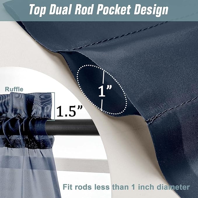Navy Blue Small Sheer Curtains Tier 24 Inches Length 2 Pieces, Light Filtering Cafe Curtains for Living Room Bathroom, Modern Window Treatments Dual Rod Pocket Panels, 2X42Wx24L Inches