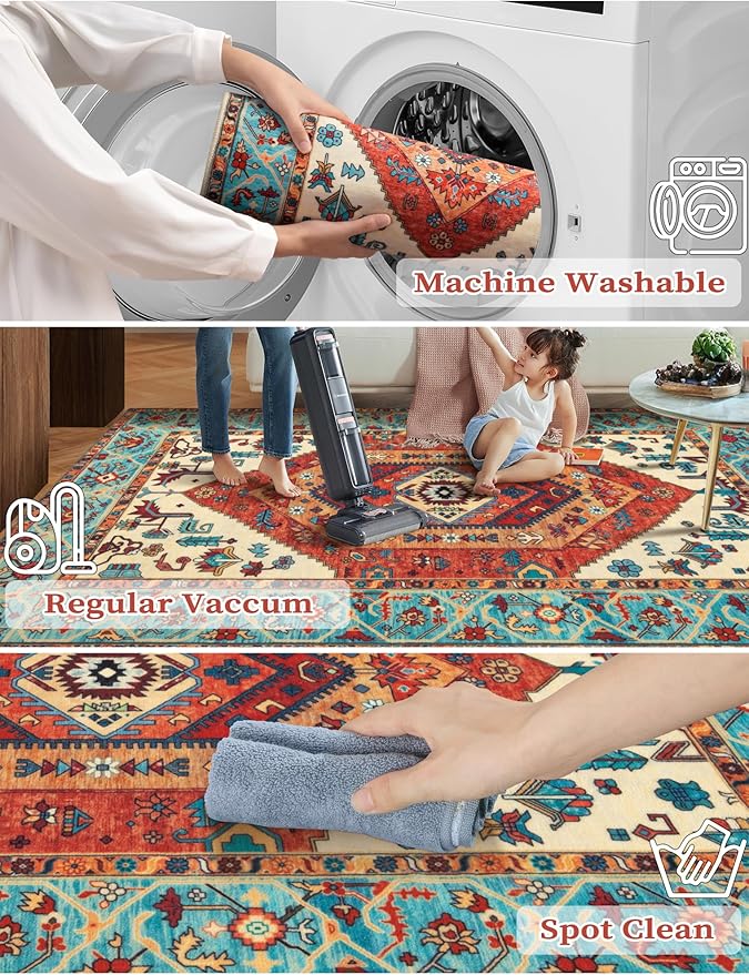 SERISSA Runner Rug for Hallways, 2'6"x18' Washable Non Slip Kitchen Runner Rug, Extra Long Boho Rug Ultra Soft Vintage Orange Print Floor Carpet for Hallway Living Room Dining Room Bedroom