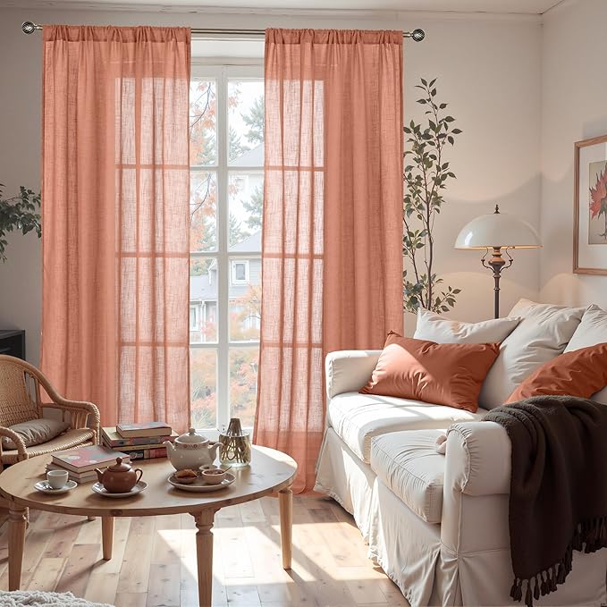 BGment Boho Terracotta Linen Curtains for Living Room 84 Inches Long, Burnt Orange Light Filtering Drapes Semi Sheer with Rod Pocket for Fall Bedroom Rust Color, Each 52 Inch Wide