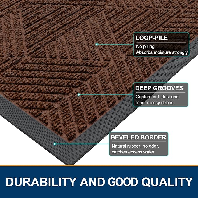 Smiry Front Door Mat Outside Entrance, Heavy Duty Sturdy Natural Rubber Doormat, Trap Dirt and Moisture, Easy Clean Low Profile Welcome Floor Mats for Indoor Outdoor Entry, 35X23 Inch, Deep Coffee