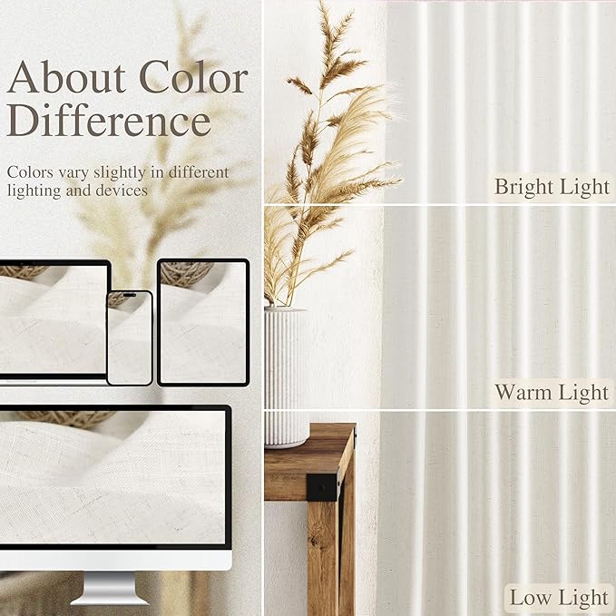 Nanspring Beige White Linen Curtains for Living Room 98 Inches Long Back Tab and Rod Pocket Light Filtering Semi Sheer Curtain Rustic Farmhouse Decor Luxury Drapes for Bedroom Office 52x98, 2 Panels