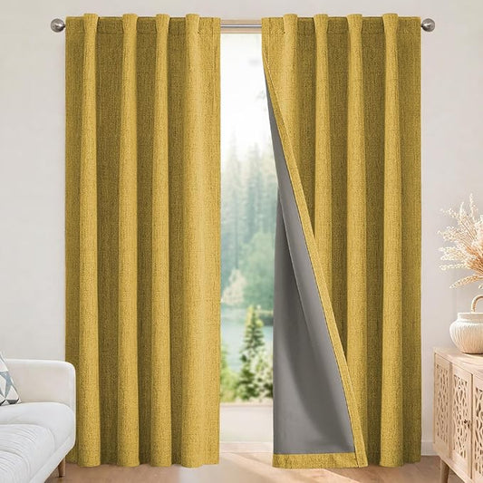 Joydeco Blackout Curtains for Bedroom - 100% Light Blocking 2 Panels Set Yellow Drapes 66" W x 90" L, Thermal Insulated Room Darkening Curtains, Linen Textured for Living Room, Rod Pocket & Back Tabs