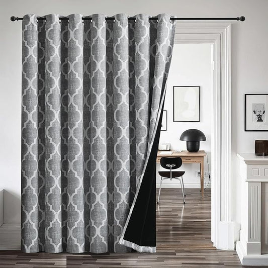 Beauoop 100% Blackout Curtains 96 Inches Long for Patio Sliding Door Grey Extra Wide Moroccan Geo Room Darkening Gray Thermal Soundproof Room Divider Grommet Window Treatment Drapes,100x96 Set of 1