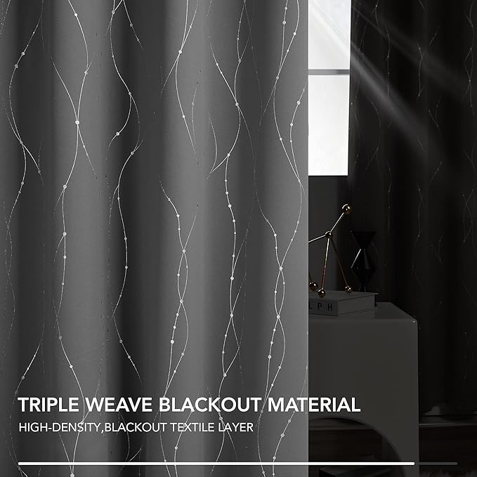 Deconovo Blackout Curtains, Grey Curtains, Thermal Insulated Soundproof Grommet Drapes, Silver Wave Dot Foil Print, 42 x 63 Inch, 2 Panels, Machine Washable Window Panel for Living Room Bedroom Office