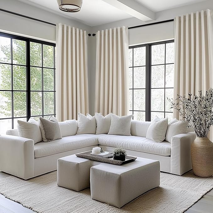 Topfinel 94 Inches Long Tan Colored Custom Blackout Linen Curtains, Internet Famous Beige Pleated Noise Cancelling Curtains with Pin Hooks for Traverse, Flax Linen Viral Drapes 2 Panels for Bedroom