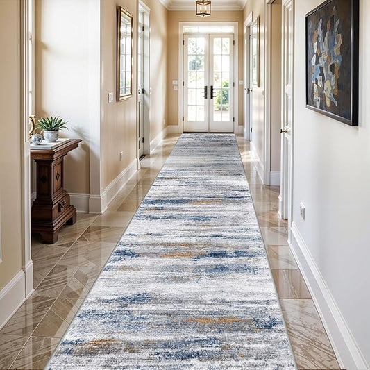 Washable Hallway Runner Rug for Home: Extra Long Runners for Entryway Living Room Dining Room - Stain and Water Resistant Rugs with Non-Slip Backing - Soft Low-Pile Carpet 2'6''x14' Navy Grey