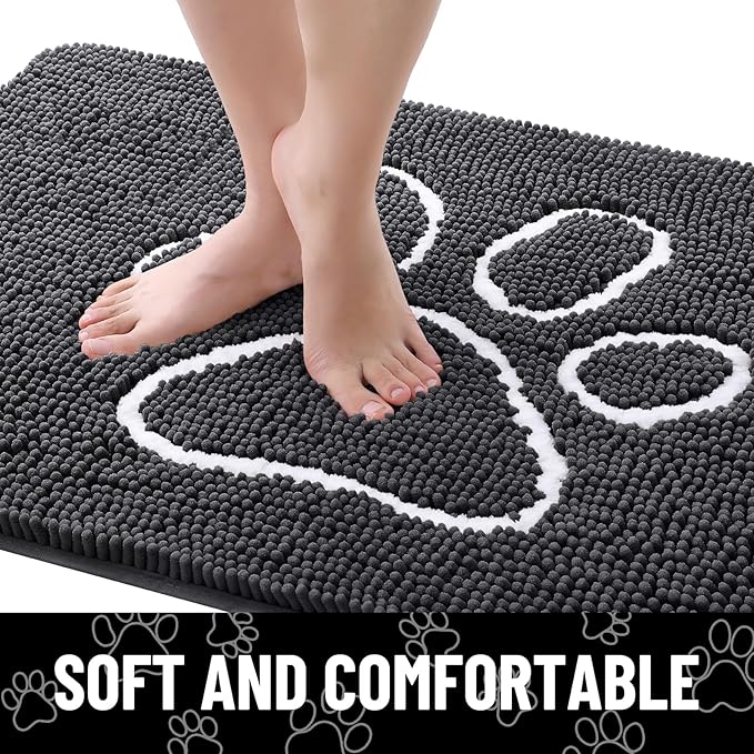 Smiry Dog Door Mat for Muddy Paws, Absorbent Dirt Trapper Non Slip Quick Dry Washable Chenille Mat for Mud Dogs, Entry Rug for Indoor and Outdoor (44x24 Inches, Dark Grey and White)