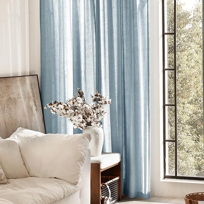 Dusty Blue Linen Curtains for Living Room Back Tab Light Filtering Semi Sheer Light Blue Bedroom Curtain Linen Cotton Textured Grey Blue Drapery Panel Airy Modern Farmhouse Aesthetic Decor 52x108 Long