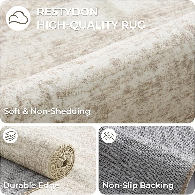 3x10 Runner Rug Non Slip Washable for Entryway, Vintage Hallway Runner for Front Porch, Laundry Room, Bedroom, Abstract Stain Resistant Thin Indoor Kitchen Mats for Floor(3'x10', Beige/Ivory)