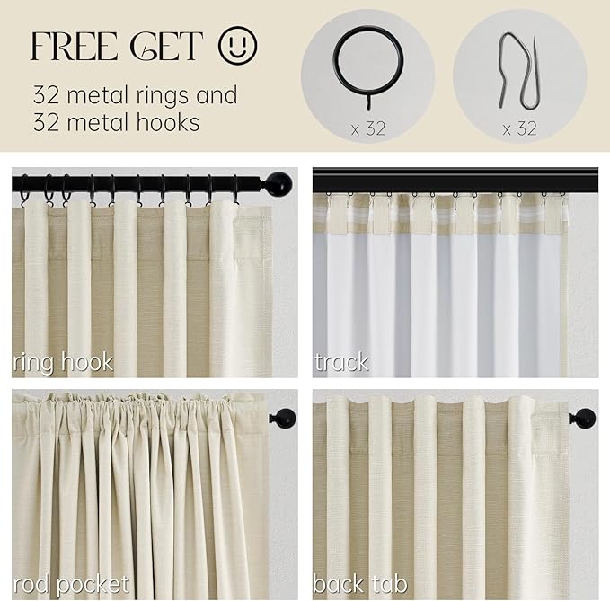 95 Inches Length Cream Colored Custom Blackout Linen Curtains Ivory Cream Pinch Pleated Noise Cancelling Curtains with Pin Hooks for Traverse Burlap Viral Drapes 2 Panels for Living Room Bedroom