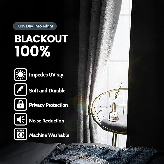 SimpleHome 100% Blackout Curtains for Bedroom,Thermal Insulated Grommet Window Drapes Room Darkening White Curtains for Living Room with Black Back,52 x 63 Inch,2 Panels