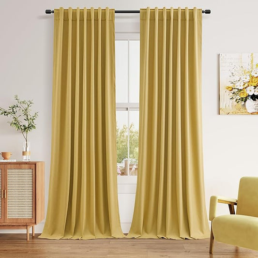 Gold 100% Blackout Linen Curtains 84 Inch Length 2 Panels Set for Living Room Bedroom Back Tab Thermal Insulated Black Out Drapes Room Darkening Farmhouse Style for Bedroom Window Curtains 52x84